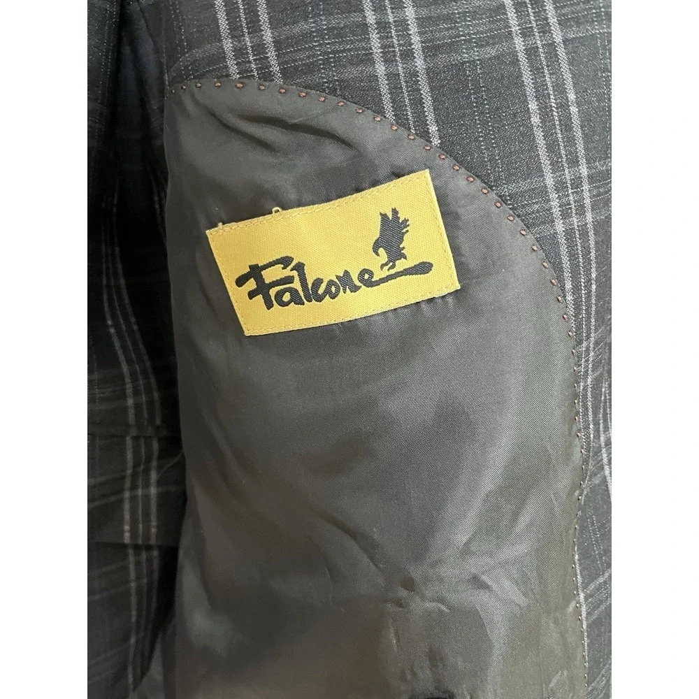 Falcone Plaid Suit Jacket Mens Charcoal Grey‎ Super 100s Wool 3-Button Blazer L